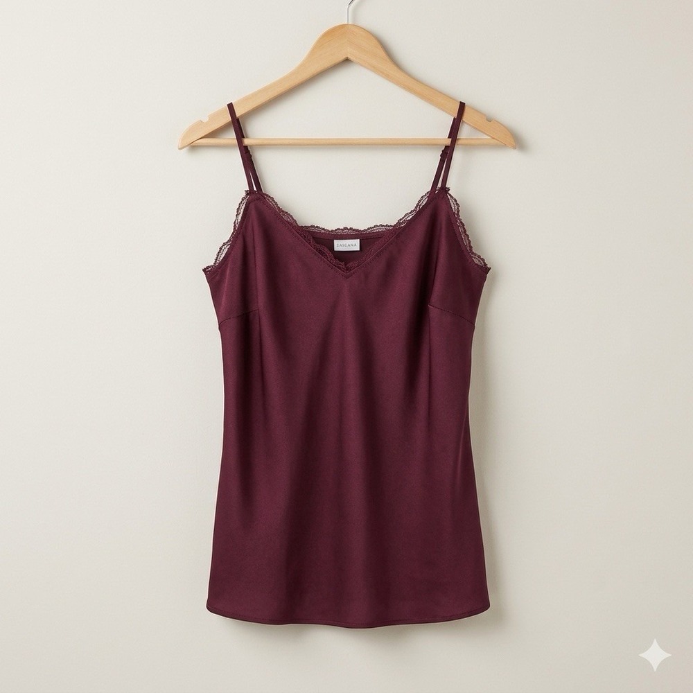 Lascana Burgundy Wine Satin Lace Trim Cami Tank Top Chic Capsule Piece Sz S 4/6